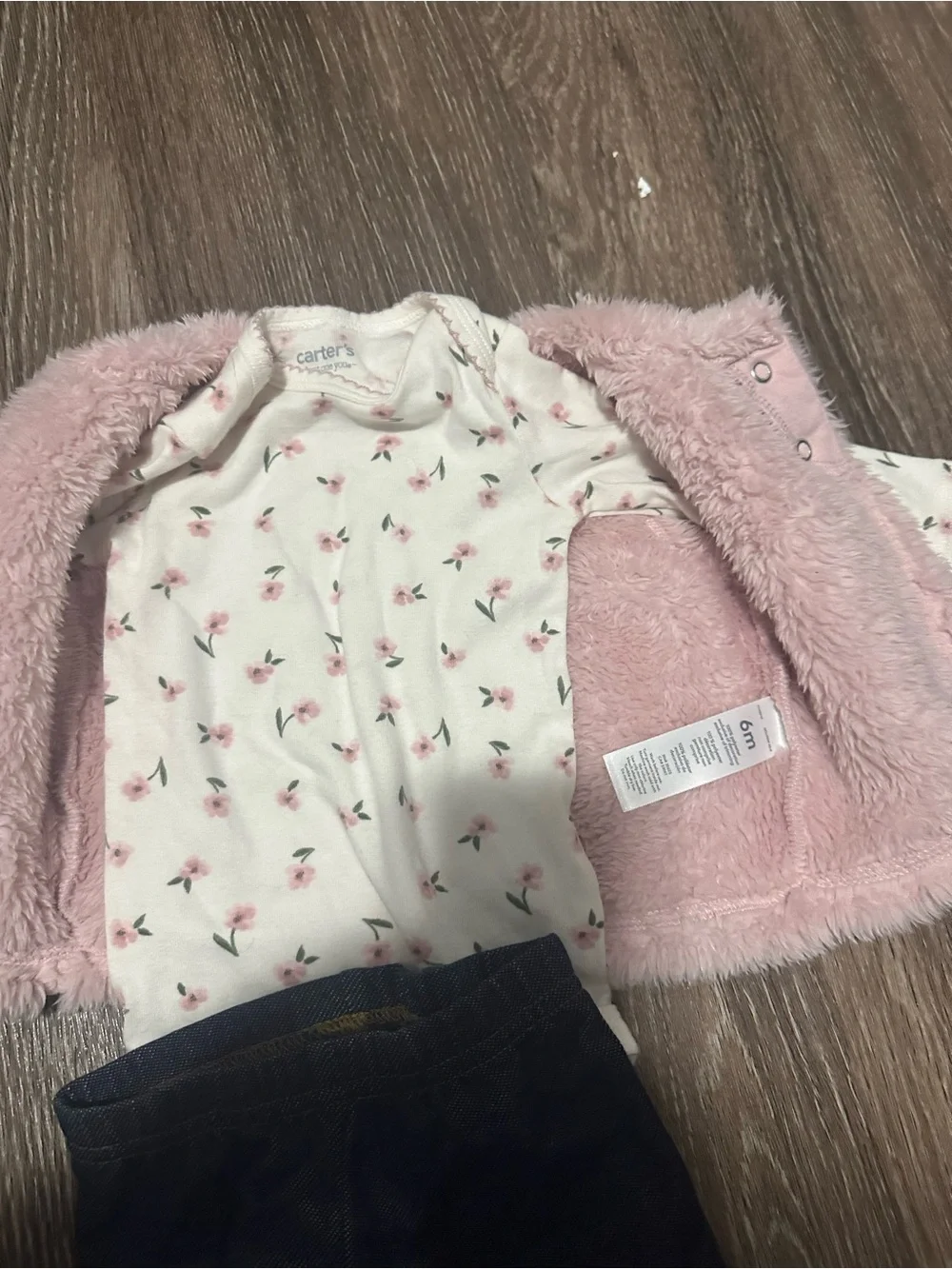 Carter's Pink Faux Fur Vest & Floral Tee Set with Denim-Look Pants